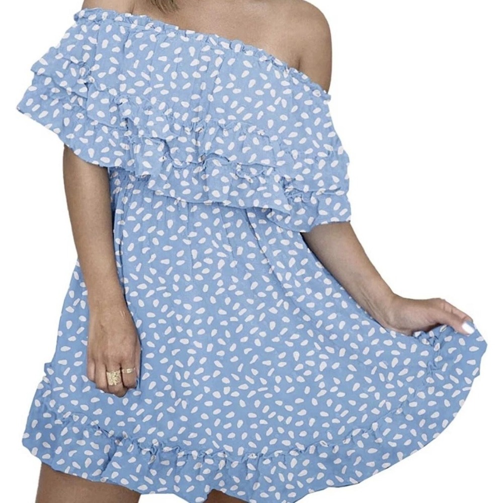 KIRUNDO Dress Womens Medium Blue Off Shoulder Ruffle Polka Dot Mini Sundress